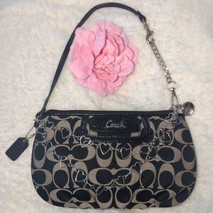 Coach Black and Tan Signature Canvas Heart-Link Wristlet Converted Shoulder Bag